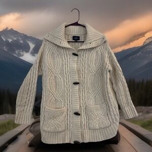 American Eagle Sweater Women Sz M Sand Cable Knit Cardigan Pockets Chunky READ